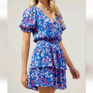Sugarlips Junie Floral Amina Surplice Ruffle Mini Dress Tiered Blue Pink XL NWT